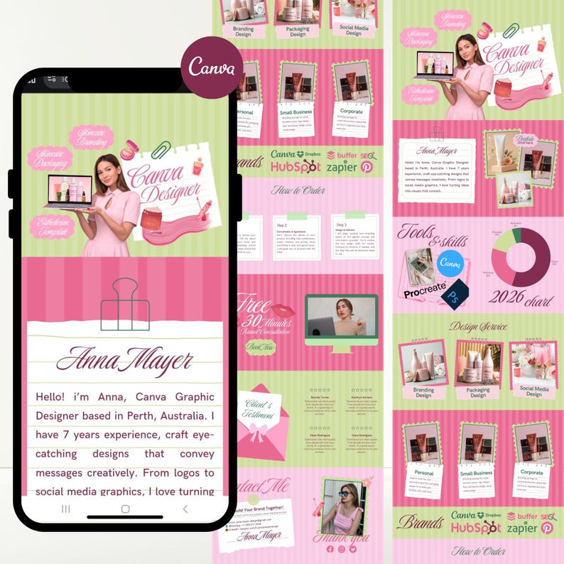 Pastel green and pink Canva portfolio website template preview for graphic designers and freelancers, displayed on laptop and mobile screens with scrapbook style layout and design portfolio section.