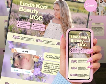 May include: A digital tablet and a smartphone displaying a social media portfolio template titled Linda Kerr Beauty UGC. The design features a light yellow and lavender color scheme with text, icons, and images of a person in a lavender field.