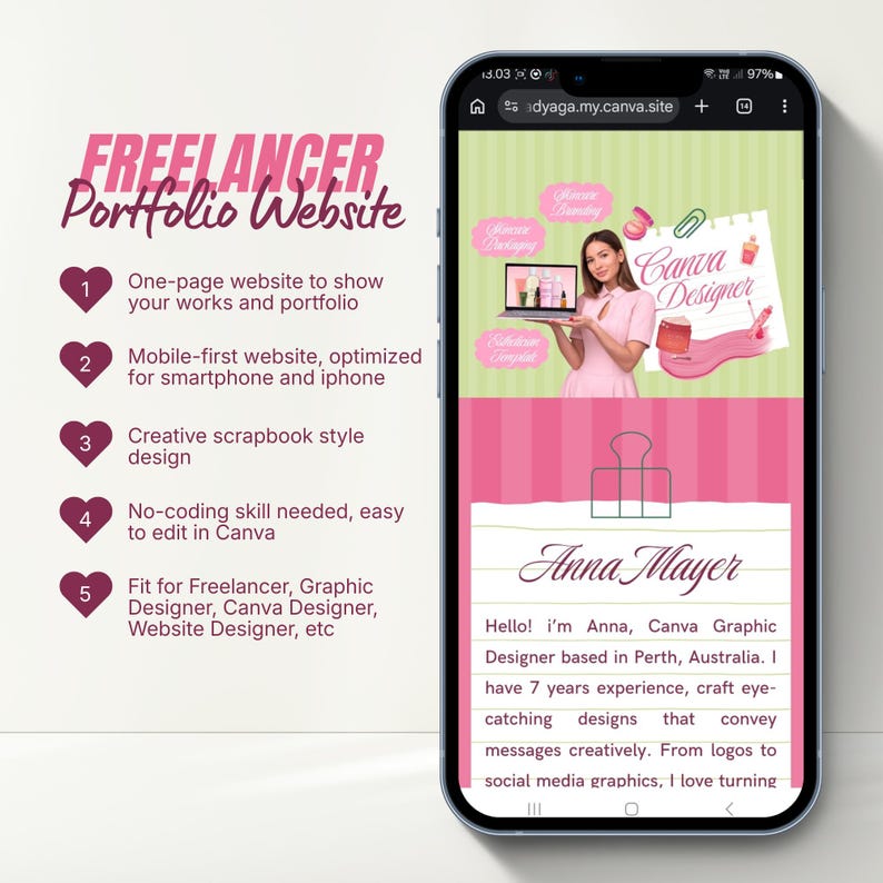 Freelancer portfolio website Canva template preview showing a mobile-first one-page portfolio layout designed for graphic designers, Canva designers, and service sellers.