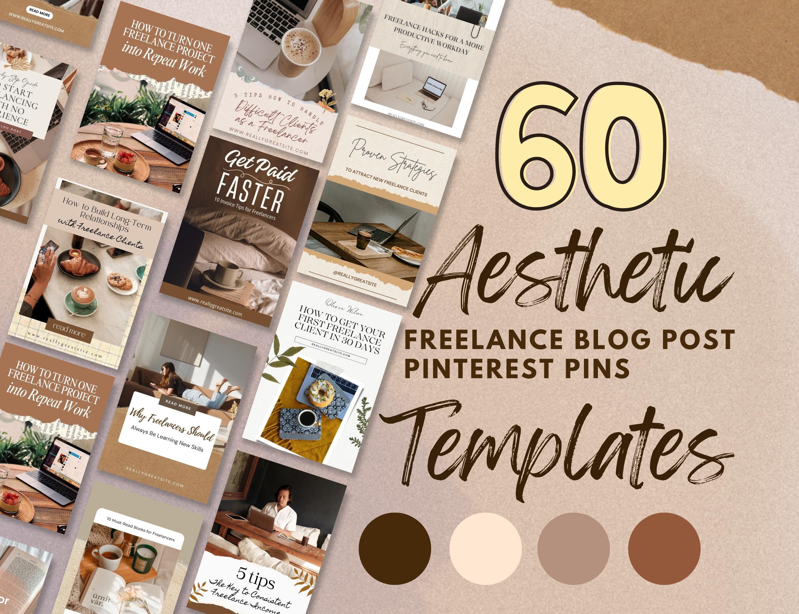 60 Pinterest Pins Bundle for Blogger Freelance Niche, Aesthetic Editable Canva Templates