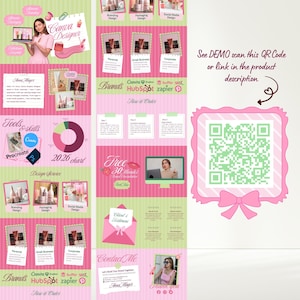 Pastel green and pink Canva portfolio website template preview for graphic designers and freelancers, displayed on laptop and mobile screens with scrapbook style layout and design portfolio section.
