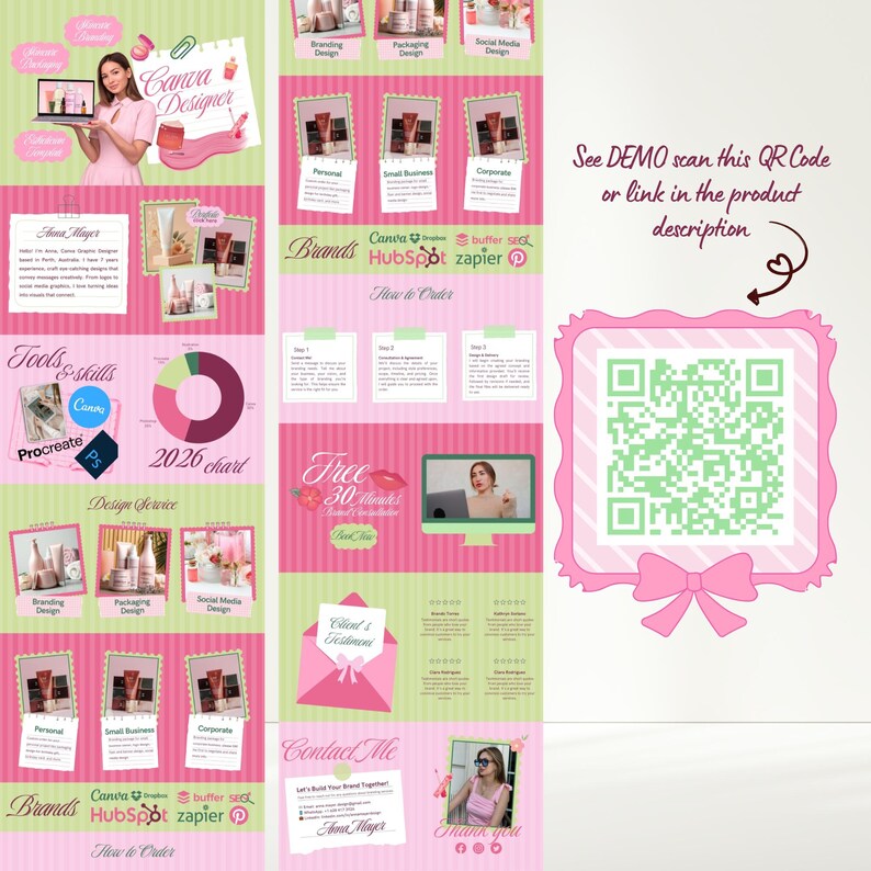 Pastel green and pink Canva portfolio website template preview for graphic designers and freelancers, displayed on laptop and mobile screens with scrapbook style layout and design portfolio section.
