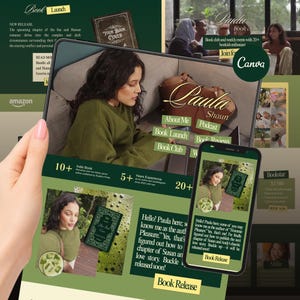May include: A digital marketing layout for a book author featuring a person in a green jumper, book cover graphics, and text including "Paula," "Book Launch," "About Me," "Podcast," "Book Reviews," "Book Club," and "Book Release" on a screen.