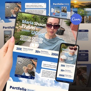 Może przedstawiać: Cyfrowy wyświetlacz portfolio z brandingiem Maria Shaun Travel UGC na ekranie tabletu i smartfona. Interfejs zawiera szczegóły profilu, liczbę obserwujących, statystyki partnerów marki oraz przyciski nawigacyjne dla About Me, Services, Portfolio i Contact, na tle błękitnego nieba.