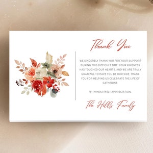 Watercolor floral bouquet funeral thank you card template, funeral thank you notes template, editable memorial card, celebration of life