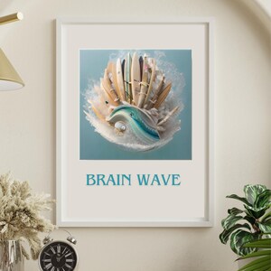 May include: A framed print with a blue background featuring a cluster of surfboards arranged in a wave shape. The text "BRAIN WAVE" is printed below the image.