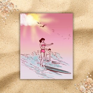 May include: A vintage illustration of a couple surfing on a wave. The woman is wearing a pink bikini and the man is wearing swim trunks. The sun is setting in the background, casting a pink glow over the scene.