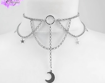 Gothic Moon and Star Pendant Choker | Black Layered Clavicle Chain Necklace | Witchcore Celestial Jewelry | Halloween Gift for Her