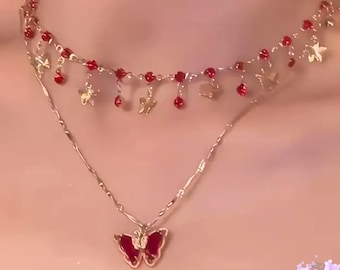 Romantic Butterfly Multi-Layer Necklace | Red Beaded Choker & Gold Chain | Christmas Gift for Her | Layered Butterfly Jewelry Cute Necklace