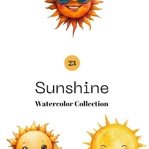 Watercolor Sun Clipart,  Smiling Sun Clipart, Happy Sun Images,  Card Making, Printable Graphics, PNG, Sun Clip Art, Nursery Print