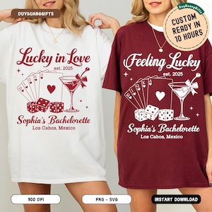 SVG PNG personalizado con la suerte en el amor, diseño de camiseta de despedida de soltera con ubicación personalizada, futura novia personalizada PNG, diseño de camiseta para fiesta nupcial
