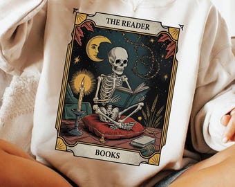 The Reader Tarot Card PNG, Skeleton Reading Book Sublimation Design, Witchy Book Lover Clipart, Spiritual Halloween PNG, Gothic Tarot PNG