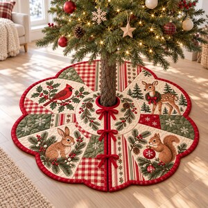 May include: A round, scalloped Christmas tree skirt featuring a patchwork design with red, green, and cream colors. It displays illustrations of a cardinal, a fawn, a rabbit, and a squirrel, accented with pine branches, berries, and red ribbon ties.