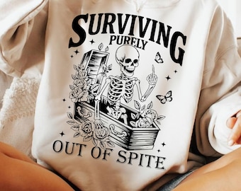 Surviving Purely Out Of Spite PNG SVG, Funny Goth Celestial Skeleton Design, Bat Lover Sublimation PNG, Gothic Boho Woman Png