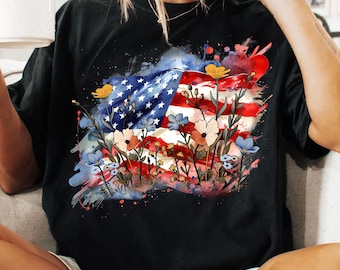American Flag Floral PNG, Boho Wildflower USA Sublimation, Poppy and Daisy 4th of July Png, Soft Patriotic Shirt Design, USA Wildflower Png