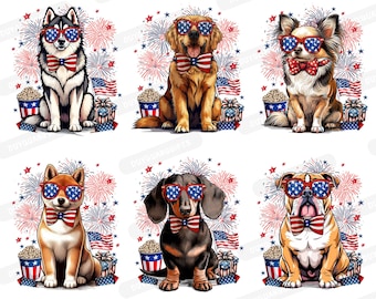 Patriotyczny pakiet dla psa PNG, USA Dog Sublimation PNG, Ilustracja szczeniaka czwartego lipca Png, Projekt kokardy w gwiazdy i paski dla zwierząt, 4 lipca pies Png