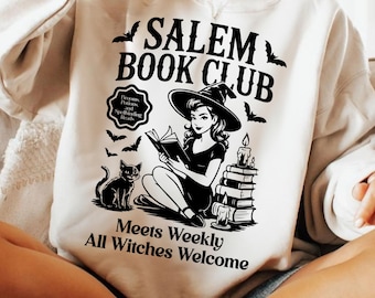 Salem Book Club PNG SVG, Retro-Halloween-Design, gruselige schwarze Katze Clipart, Herbst Hexe Ästhetik PNG, gemütliches Reader Shirt Png
