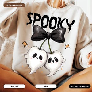 Spooky Ghost Cherry Bow PNG, Cute Retro Halloween Ghost Design PNG, Trendy Cherry Bow Ghost Sublimation, Girly Spooky Shirt PNG