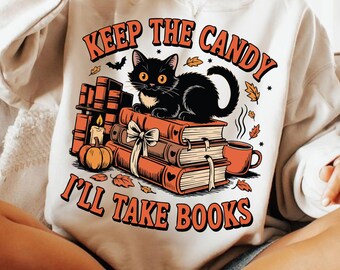 Keep The Candy I'll Take Books PNG, Halloween Cat Reading Design, Bookish Ghost Sublimation, Teacher Fall Shirt PNG, Book Lover PNG