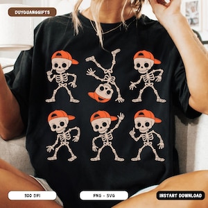 May include: Black t-shirt with a repeating pattern of cartoon skeletons wearing orange baseball caps. The skeletons are in various poses, including dancing and doing handstands. The text "DUYQUANGGIFTS" is at the top.