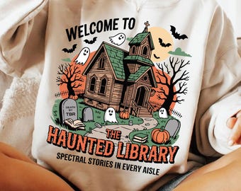 Haunted Library PNG, Funny Bookish Halloween Design, Spooky Reading Ghost Sublimation, Librarian Fall Shirt PNG, Ghost Book Lover PNG