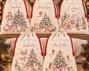 May include: Five off-white drawstring gift bags with red cords, each featuring the text Special Delivery for followed by a name, and festive illustrations including Christmas trees, nutcrackers, fairies, and gingerbread houses in pink tones.