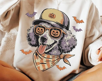 Halloween Poodle PNG, Funny Dog with Pumpkin Hat and Sunglasses Clipart, Cute Fall Pet Halloween Sublimation PNG, Dog Mom Shirt Design PNG