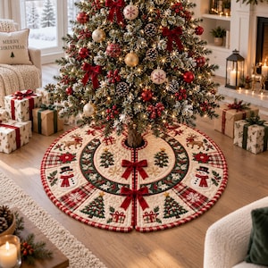 May include: A round, quilted Christmas tree skirt featuring a cream-colored base with embroidered motifs of green pine trees, snowmen, reindeer, and red poinsettias. The design includes red plaid borders, two red velvet bows, and green trim.