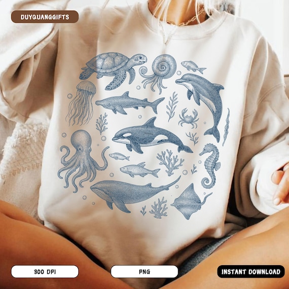 Sea Animals PNG, 90s Vintage Ocean PNG, Y2K Retro Whale Dolphin Turtle Sublimation PNG, Orca Sealife Aesthetic Design, Beach Shirt Png