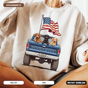 Patriotic Hunting Dog Truck PNG, USA Labrador Retriever PNG, American Flag Pickup Sublimation, 4th of July Dog Lover Shirt Design Png