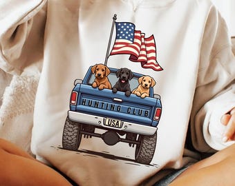 Patriotic Hunting Dog Truck PNG, USA Labrador Retriever PNG, American Flag Pickup Sublimation, 4th of July Dog Lover Shirt Design Png