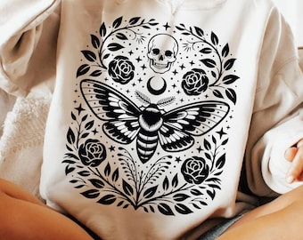 Gothic Garden PNG SVG, Dark Academia Skull Floral Shirt Design, Creepy Cute Pastel Goth Sublimation, Botanical Butterfly Clipart PNG