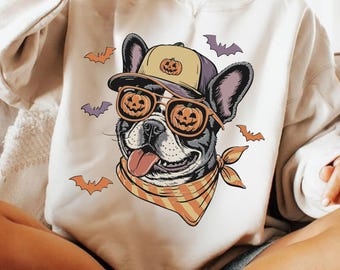 Bulldog francese di Halloween PNG, Cane divertente con cappello a forma di zucca e occhiali da sole PNG, Design autunnale per amanti dei cani di Halloween, Maglietta per mamma di cani PNG