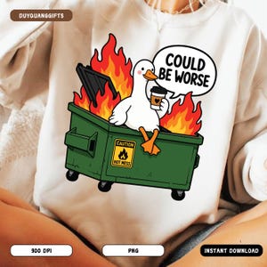 PNG de Ganso Engraçado, Design de Camiseta "Dumpster Fire", Meme do Pato "Coisaria Pior", Download de Sublimação Sarcástica "Bagunça Total"