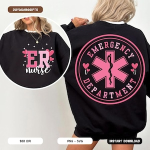 May include: Black sweatshirt with a pink "Emergency Department" graphic featuring a medical symbol and hearts. The front of the sweatshirt has a pink "ER nurse" graphic with hearts.