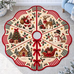 Può includere: Una gonna per albero di Natale trapuntata circolare su sfondo color crema, con illustrazioni festive di Babbo Natale, una renna, un pupazzo di neve, un albero decorato, una casetta e una slitta, rifinita con bordi e fiocchi a quadri rossi e verdi.