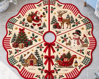 May include: A circular quilted Christmas tree skirt with a cream background featuring festive illustrations of Santa Claus, a reindeer, a snowman, a decorated tree, a cottage, and a sleigh, all accented with red and green plaid borders and bows.