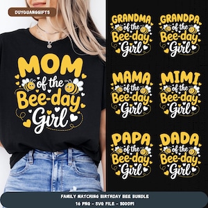 May include: Black t-shirt with a yellow and white graphic that says "MOM of the Bee-day Girl" with bee and heart details. Additional designs include "Grandma", "Grandpa", "Mama", "Mimi", "Papa", and "Dada" versions.
