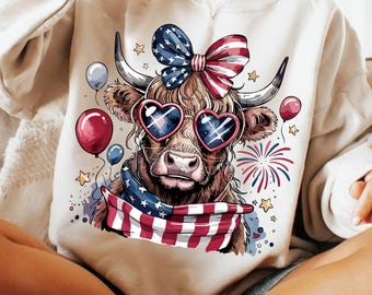 Western Highland Cow PNG, Patriotic 4th of July Sublimation PNG, USA Flag Country Png, Cute America Freedom Design, Cowgirl Shirt Png