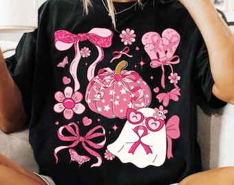 乳がんゴーストPNG、ピンクのリボンコケット昇華デザイン、かわいいピンクのカボチャPNG、乳がん啓発シャツPNG、不気味なサポート