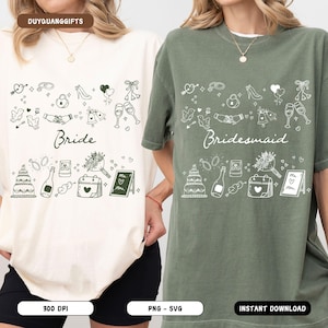 May include: Two white t-shirts with a bride and bridesmaid design. The bride shirt has the word "Bride" and the bridesmaid shirt has the word "Bridesmaid". Both shirts feature wedding-themed illustrations, including a wedding cake, champagne flutes, and a ring.