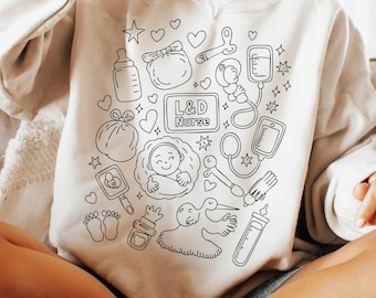 Labor and Delivery Nurse Doodles PNG SVG, Hand Drawn Medical Design, L&D RN Sublimation, Cute Nurse Transparent Png, Hospital Nursing Png
