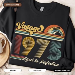 Retro 50th Birthday PNG, Vintage 1975 Shirts SVG, Klasyczny projekt urodzinowy, Pięćdziesiąte urodziny, Grafika, Clipart Aged To Perfection, Cricut, DTF