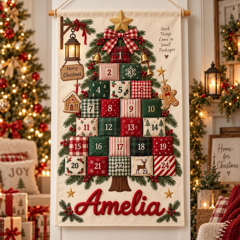 Personalized Christmas Tree Advent Calendar, Custom Name Fabric ...