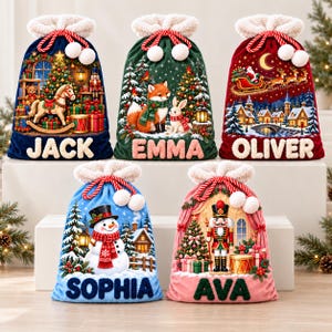 Personalized Christmas Santa Sack, Custom Yarn Embroidered Name, Storybook Holiday Drawstring Gift Bag