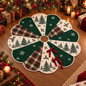 May include: A circular quilted Christmas tree skirt featuring alternating panels of dark green fabric, red and green plaid, and cream fabric with printed pine trees, holly berries, and white snowflakes, secured with two red fabric bows.