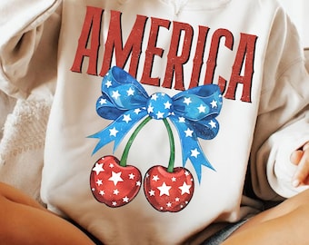 America Cherries PNG, Coquette Bow USA Sublimation Design PNG, Red White Blue Aesthetic Girl Png, Trendy 4th of July Patriotic Png