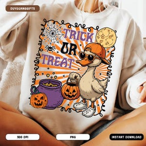 Halloween Goose Trick or Treat PNG, Silly Goose Boy Halloween Sublimation Design, Cute Kids Fall Shirt PNG, Funny Goose Halloween PNG
