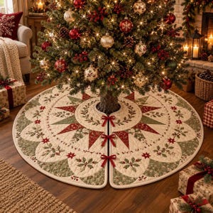 May include: A circular quilted Christmas tree skirt featuring a cream-colored base with a repeating pattern of red and green star-shaped motifs, holly leaves, and berries. The skirt has three red ribbon bows for closure at the front.