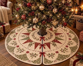 Könnte beinhalten: Ein kreisförmiger, gesteppter Weihnachtsbaumteppich mit cremefarbener Basis, verziert mit einem wiederkehrenden Muster aus roten und grünen sternförmigen Motiven, Stechpalmenblättern und Beeren. Drei rote Schleifen dienen als Verschluss.
